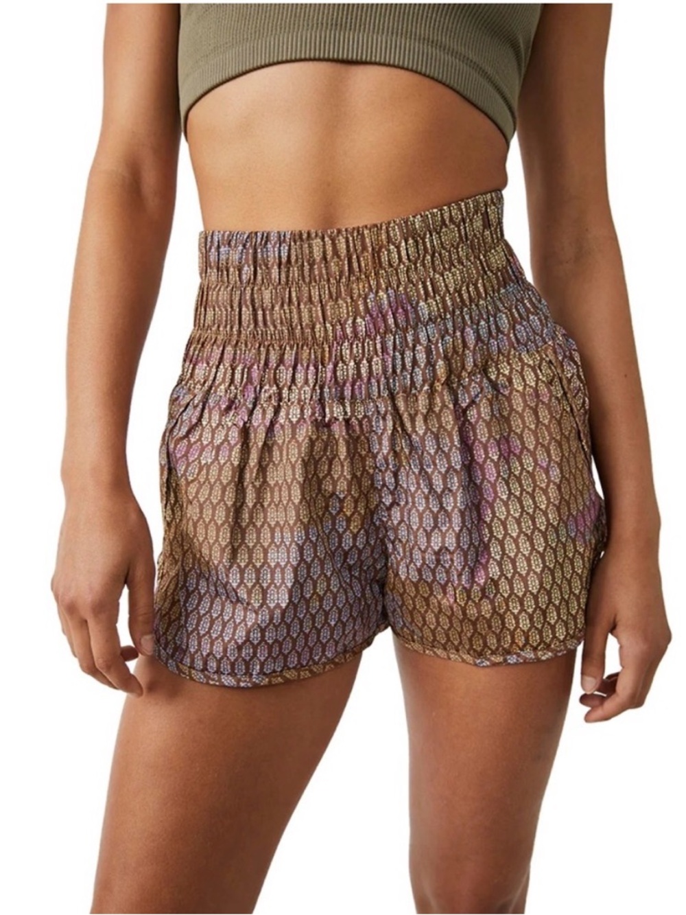 Free People Movement The Way Home Shorts Brown High Rise Smocked Mesh Pocket